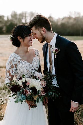 Cheap A-line Bateau Long Sleeve Rustic Lace Wedding Dresses,MW507