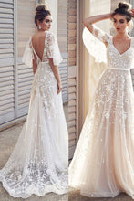 Ivory V Neck Beach Wedding Dresses with Lace Appliques, Bridal Dresses, MW512