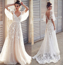 Ivory V Neck Beach Wedding Dresses with Lace Appliques, Bridal Dresses, MW512