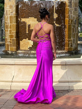 Magenta Satin Spaghetti Strap Ruched V-Neck Mermaid Prom Dress
