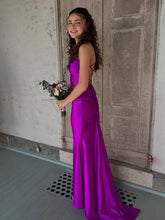Magenta Satin Spaghetti Strap Ruched V-Neck Mermaid Prom Dress