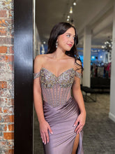 Mauve Satin Off-the-Shoulder Beaded Corset Prom Dress with High Slit