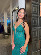 Teal Green Beaded Plunging V-Neck Corset Prom Dress with Slit