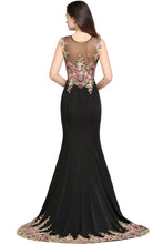 Mermaid Sweep Train Black Sleeveless Evening Dresses with Appliques