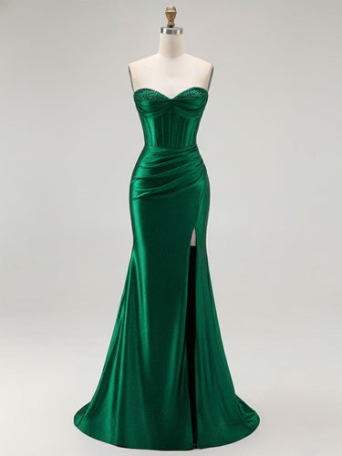 Mermaid Corset Ruched Long Prom Dress with Slit
