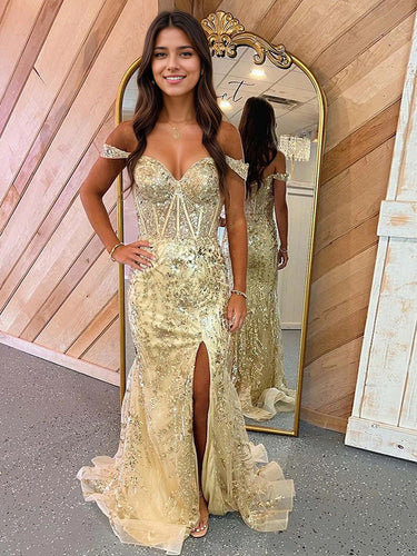 Mermaid Off-the-Shoulder Sequin Lace Long Porm Dress with Slit