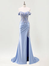 Mermaid Off The Shoulder Sequins Beaded Prom Dress with Slit