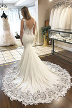 Mermaid Satin Lace V-neck Appliqued Wedding Dresses With Chapel Train, MW603