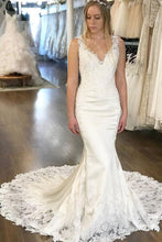 Mermaid Satin Lace V-neck Appliqued Wedding Dresses With Chapel Train, MW603