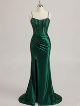 Mermaid Scoop Sweep Train Satin Prom Dress with Rhinestone