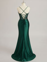 Mermaid Scoop Sweep Train Satin Prom Dress with Rhinestone