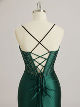 Mermaid Scoop Sweep Train Satin Prom Dress with Rhinestone