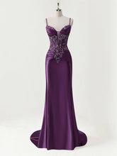 Mermaid Spaghetti Straps Satin Long Corset Appliqued Prom Dress
