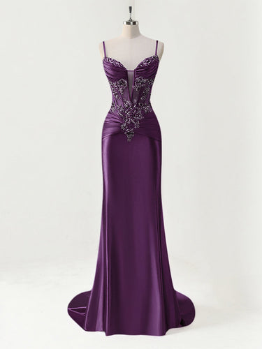 Mermaid Spaghetti Straps Satin Long Corset Appliqued Prom Dress