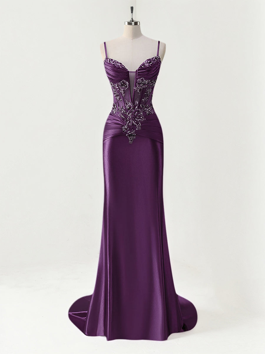 Mermaid Spaghetti Straps Satin Long Corset Appliqued Prom Dress