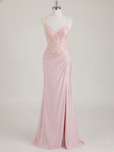 Mermaid Spaghetti Straps V-Neck Sequins Prom Dress with Slit