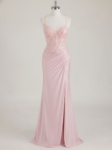 Mermaid Spaghetti Straps V-Neck Sequins Prom Dress with Slit