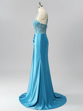Mermaid Sweetheart Sequins Tie Back Corset Long Prom Dress with Slit
