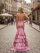 Mermaid V Neck Satin Fitted Ruffle Prom Dress with Slit