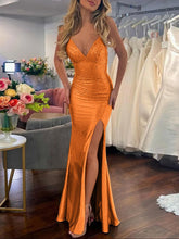 Mermaid V Neck Satin Hot Stone Prom Dress with Slit