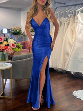 Mermaid V Neck Satin Hot Stone Prom Dress with Slit