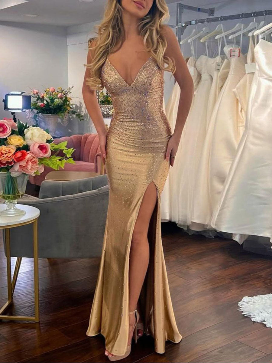Mermaid V Neck Satin Hot Stone Prom Dress with Slit