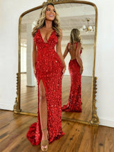 Mermaid V-Neck Backless Long Tight Sequin Prom Dress