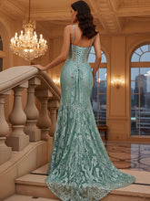 Mermaid V Neck Sheer-Corset Long Glitter-Print Prom Dress