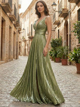 Metallic Olive Green Pleated A-Line Long Prom Dress