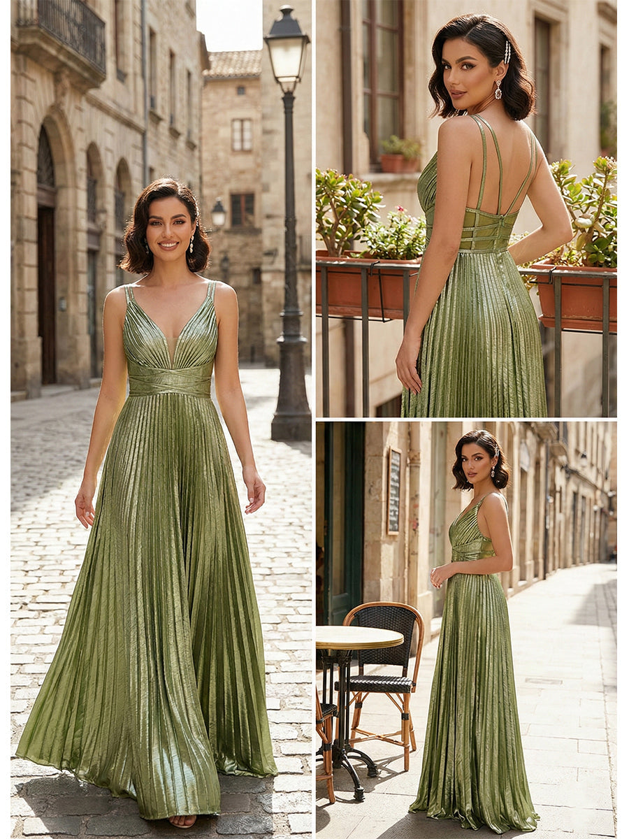 Metallic Olive Green Pleated A-Line Long Prom Dress