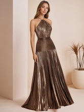 Metallic Olive Green Pleated Halter Prom Dress with High Slit