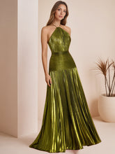 Metallic Olive Green Pleated Halter Prom Dress with High Slit