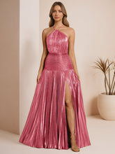 Metallic Olive Green Pleated Halter Prom Dress with High Slit