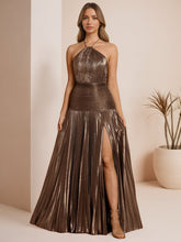 Metallic Olive Green Pleated Halter Prom Dress with High Slit