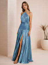 Metallic Olive Green Pleated Halter Prom Dress with High Slit