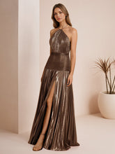 Metallic Olive Green Pleated Halter Prom Dress with High Slit