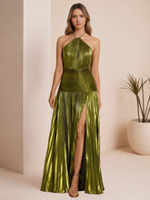 Metallic Olive Green Pleated Halter Prom Dress with High Slit