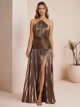 Metallic Olive Green Pleated Halter Prom Dress with High Slit