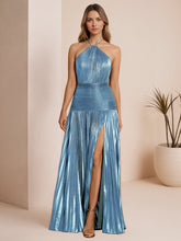 Metallic Olive Green Pleated Halter Prom Dress with High Slit