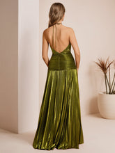 Metallic Olive Green Pleated Halter Prom Dress with High Slit