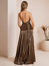 Metallic Olive Green Pleated Halter Prom Dress with High Slit