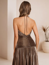 Metallic Olive Green Pleated Halter Prom Dress with High Slit