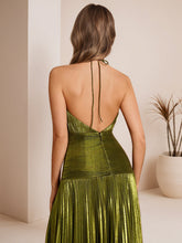 Metallic Olive Green Pleated Halter Prom Dress with High Slit