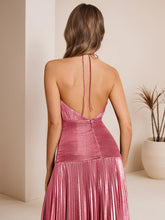 Metallic Olive Green Pleated Halter Prom Dress with High Slit