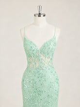 Mint Green V-Neck Mermaid Prom Dress with Floral Sequin Appliqué