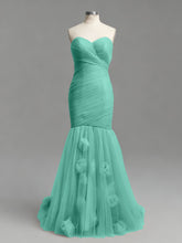 Dusty Rose Mermaid Strapless Ruched Tulle Prom Dress with 3D Floral