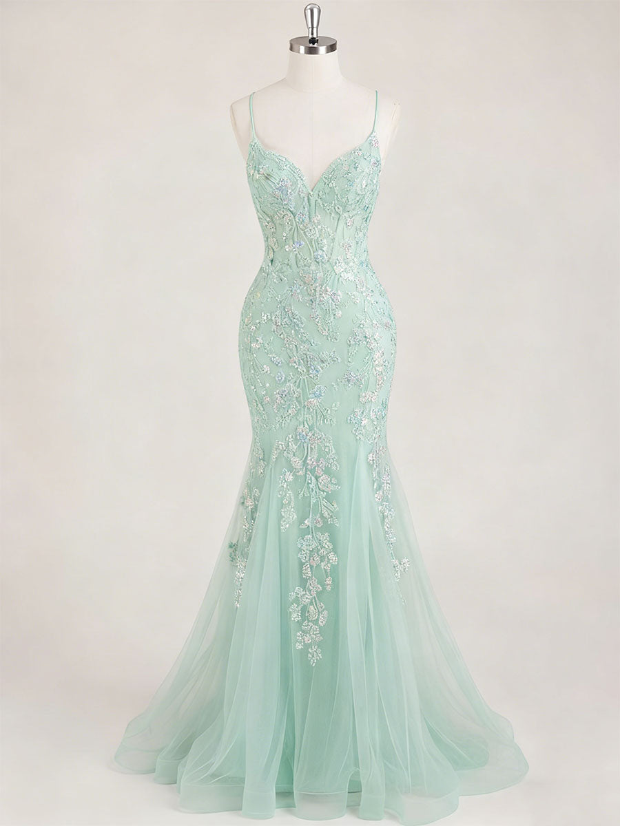 Mint Green V-Neck Mermaid Prom Dress with Floral Sequin Appliqué