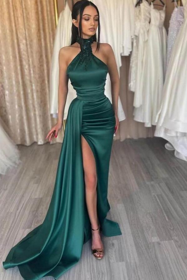 Modest Long Mermaid Halter Satin Sleeveless Prom Dress with Slit – Anna  PromDress