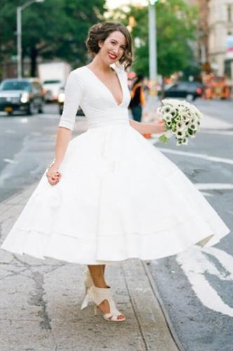 Modest A-line V-neck Half Sleeves Tea Length Taffeta Wedding Dresses, MW531
