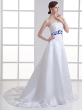 A-Line Wedding Dresses Strapless Court Train Lace Satin Strapless with Sashes  Ribbons Beading Appliques